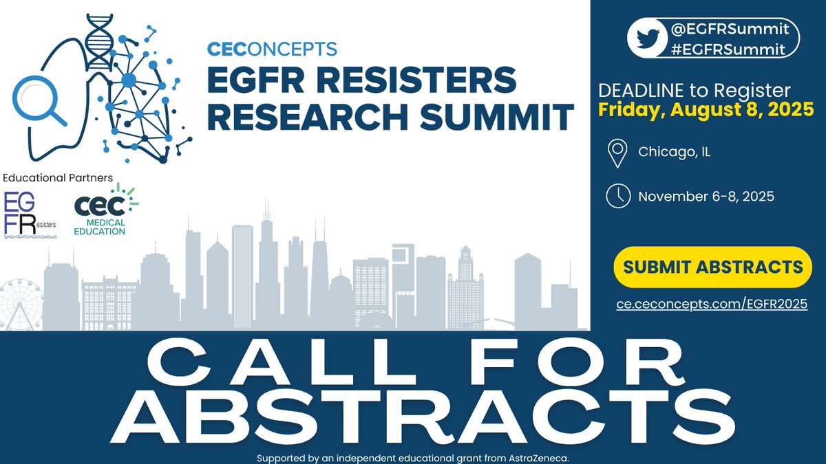 EGFR Resisters Research Summit (@egfrsummit) on Twitter photo 🚨 Abstract call now open!
Are you a fellow or junior faculty researching EGFR-mutant NSCLC? Submit your work to the #EGFRSummit for a chance to present, network, and grow.
Deadline: Aug 8
Submit Abstract: ceconcepts.com/egfr-summit
<a href="/ZPiotrowskaMD/">Zosia Piotrowska</a> <a href="/jillfeldman4/">Jill Feldman</a>
#LungCancer 🚨 Abstract call now open!
Are you a fellow or junior faculty researching EGFR-mutant NSCLC? Submit your work to the #EGFRSummit for a chance to present, network, and grow.
Deadline: Aug 8
Submit Abstract: ceconcepts.com/egfr-summit
<a href="/ZPiotrowskaMD/">Zosia Piotrowska</a> <a href="/jillfeldman4/">Jill Feldman</a>
#LungCancer