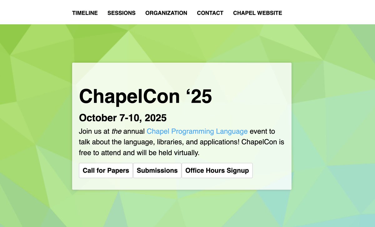 Using Chapel for a passion project?  Share your progress with the community at ChapelCon '25. Submissions are due Friday, August 8th.

Learn more here: chapel-lang.org/chapelcon25