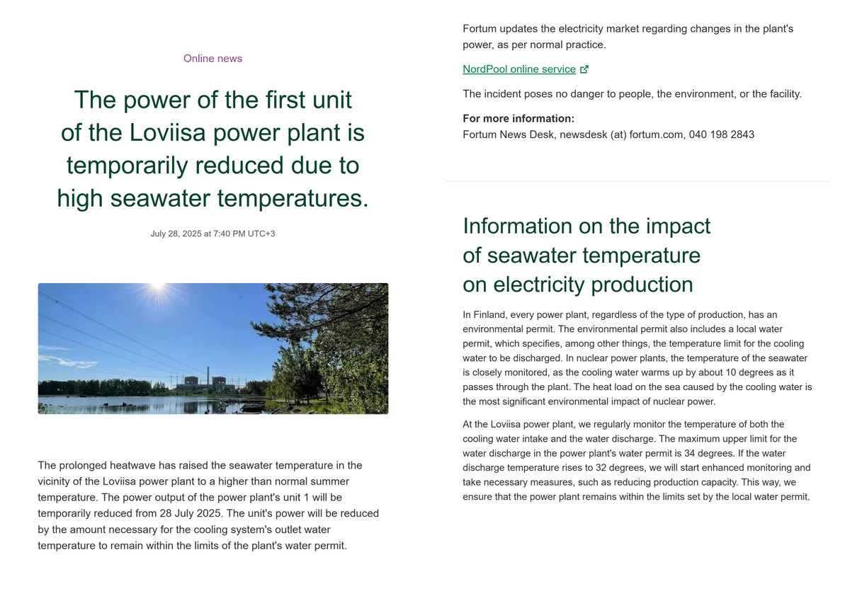 AnStra14's tweet image. Side note / 28/07/25
Finland / NPP Loviisa 1
(Operated by Fortum)
The power of the 1st unit of the Loviisa power plant is temporarily reduced due to high seawater temperatures.