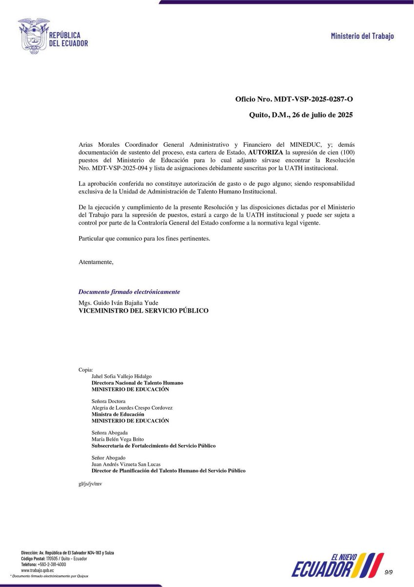 UNE NACIONAL (@unenacional) on Twitter photo #SOS Denunciamos que el Gobierno ha iniciado la supresión de 100 puestos en <a href="/Educacion_Ec/">Ministerio de Educación del Ecuador</a> . Lo maquillan con tecnicismos, pero es simple: despidos abruptos, sin evaluaciones técnicas ni notificaciones formales, vulnerando todo derecho laboral.
De las 100 personas a despedir, #SOS Denunciamos que el Gobierno ha iniciado la supresión de 100 puestos en <a href="/Educacion_Ec/">Ministerio de Educación del Ecuador</a> . Lo maquillan con tecnicismos, pero es simple: despidos abruptos, sin evaluaciones técnicas ni notificaciones formales, vulnerando todo derecho laboral.
De las 100 personas a despedir,