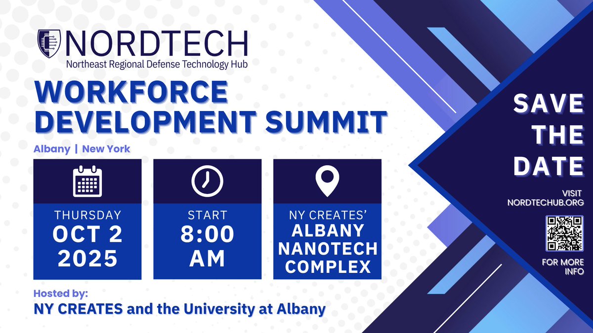 Northeast Regional Defense Technology Hub (@nordtechub) on Twitter photo Save the Date! Join <a href="/NORDTECHub/">Northeast Regional Defense Technology Hub</a>'s Workforce Development Summit on October 2 at the Albany NanoTech Complex. Hosted by <a href="/NY__CREATES/">NY CREATES</a> & <a href="/ualbany/">University at Albany</a> - a full day of keynotes, panels, student stories, and tours strengthening the U.S. semiconductor workforce: bit.ly/45nSRBr Save the Date! Join <a href="/NORDTECHub/">Northeast Regional Defense Technology Hub</a>'s Workforce Development Summit on October 2 at the Albany NanoTech Complex. Hosted by <a href="/NY__CREATES/">NY CREATES</a> & <a href="/ualbany/">University at Albany</a> - a full day of keynotes, panels, student stories, and tours strengthening the U.S. semiconductor workforce: bit.ly/45nSRBr