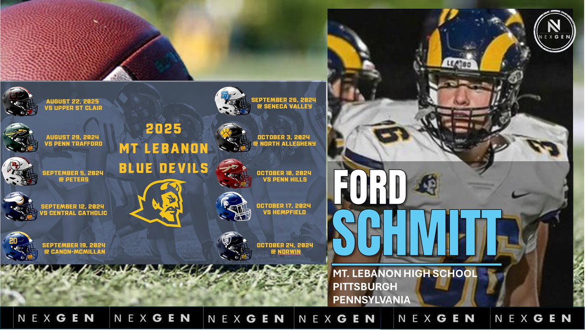 nexgenscouting's tweet image. ▶️Friday Night Lights
✅2028 LB/WR Ford Schmitt @FordSchmitt5
✅Mt. Lebanon HS @mtle
Pittsburgh (PA)
8/22 Upper St. Clair
8/29 Penn Trafford
9/5 at Peters
9/12 Central Catholic
9/19 at Canon-McMillan
9/26 at Seneca Valley
10/3 at North Allegheny
10/10 at Penn Hills…