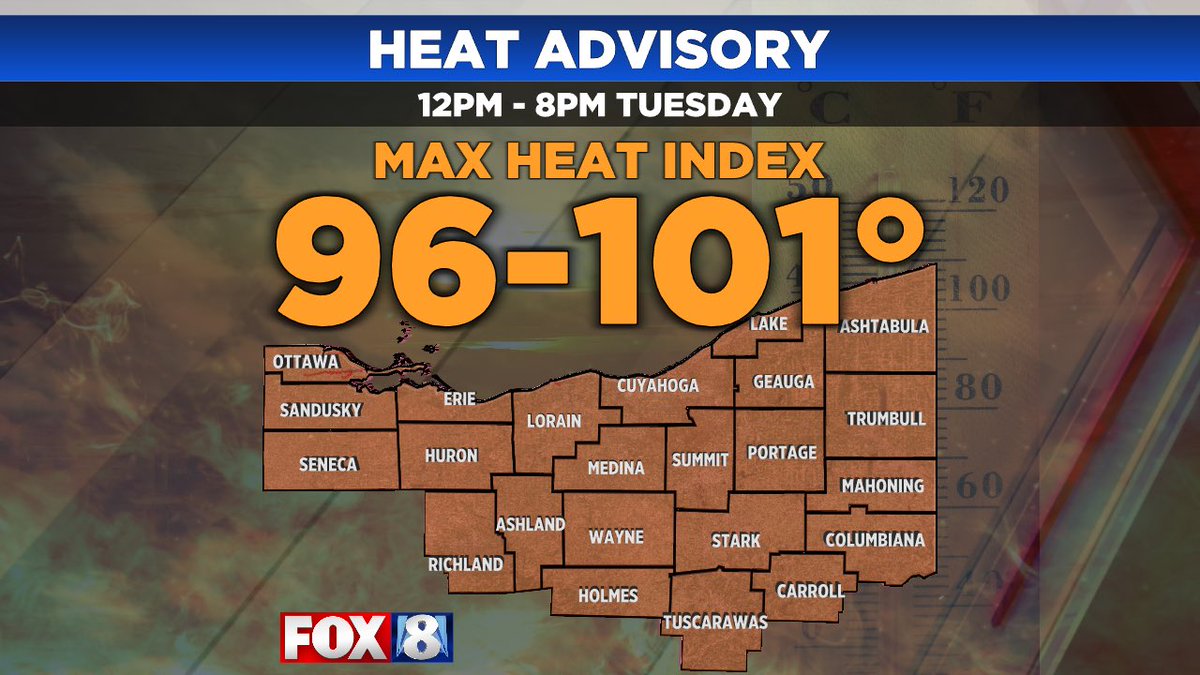 JamesParishWX's tweet photo. ‼️🥵 HEAT ADVISORY TUESDAY 🥵‼️

Feels-like temps could soar above 100° Tuesday afternoon, especially west of I-77 ‼️ 🌡️🔥 #cle #ohwx #fox8cleveland #fox8newscleveland @fox8news https://t.co/aYPuGaqCjO