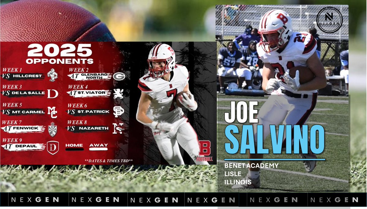nexgenscouting's tweet image. ▶️2025 Friday Night Lights
✅2026 TRB/LB/ATH Joe Salvino @JoeSal26
✅Benet Academy @BenetRedwingFB
Lisle (IL)
8/29 Hillcrest
9/5 at Glenbard North
9/12 DeLaSalle
9/19 at St. Viator
9/26 Mt. Carmel
10/3 St. Patrick
10/10 at Fenwick
10/17 Nazareth
10/24 at DePaul Prep