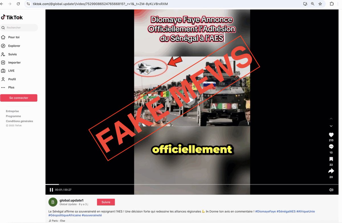 AssoBlogMali's tweet image. Une vidéo virale sur TikTok prétend que le président sénégalais a confirmé l’adhésion de son pays à l’Alliance des États du Sahel (AES). En réalité, il a déclaré le contraire.

assoblog.org/diomaye-faye-a…

#AnKaSègè_Sèguè #Mara_Ni_Kunafoni 
#ABM
#Mali
