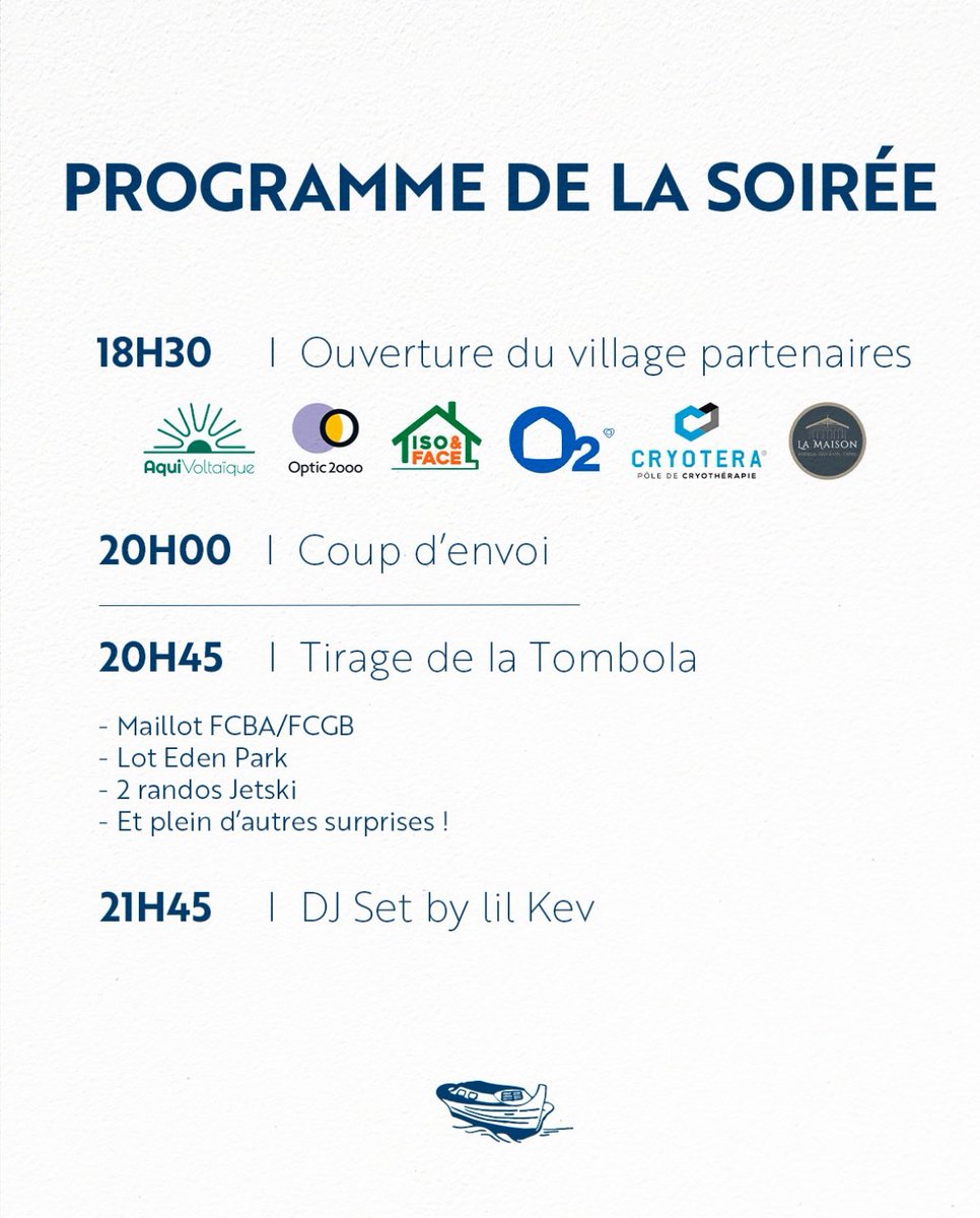🚨 #FCBAFCGB : 

⚽️🏟️ Le programme de la soirée du <a href="/FCBArcachon/">FCBA</a> au 𝙎𝙩𝙖𝙙𝙚 𝙅𝙚𝙖𝙣-𝘽𝙧𝙤𝙪𝙨𝙨𝙚, ce samedi pour la réception des <a href="/girondins/">FC Girondins de Bordeaux</a> ! 

🎟️ La billetterie est toujours ouverte : 

💰 : 5️⃣€ 
🧑‍💻 : my.weezevent.com/fc-bassin-darc…
📸 : <a href="/FCBArcachon/">FCBA</a>