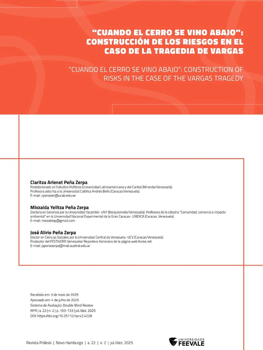 Fundación Famicine (@famicine) on Twitter photo "Cuando el cerro se vino abajo": construcción de los riesgos en el caso de la Tragedia de Vargas.
Con <a href="/cinefilaverde/">Mixzaida Peña</a> , <a href="/aliriocinefilo/">aliriocinefilo</a> y <a href="/Claritzape/">Claritza Peña Zerpa</a>
#laguaiara
#paper
#tragediadevargas
#Venezuela
periodicos.feevale.br/seer/index.php… "Cuando el cerro se vino abajo": construcción de los riesgos en el caso de la Tragedia de Vargas.
Con <a href="/cinefilaverde/">Mixzaida Peña</a> , <a href="/aliriocinefilo/">aliriocinefilo</a> y <a href="/Claritzape/">Claritza Peña Zerpa</a>
#laguaiara
#paper
#tragediadevargas
#Venezuela
periodicos.feevale.br/seer/index.php…