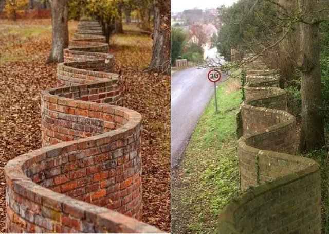 In England you sometimes see these "wavy" brick fences. And curious as it may seem, this shape uses FEWER bricks than a straight wall. A straight wall needs at least two layers of bricks to make is sturdy, but the wavy wall is fine thanks to the arch support provided by the