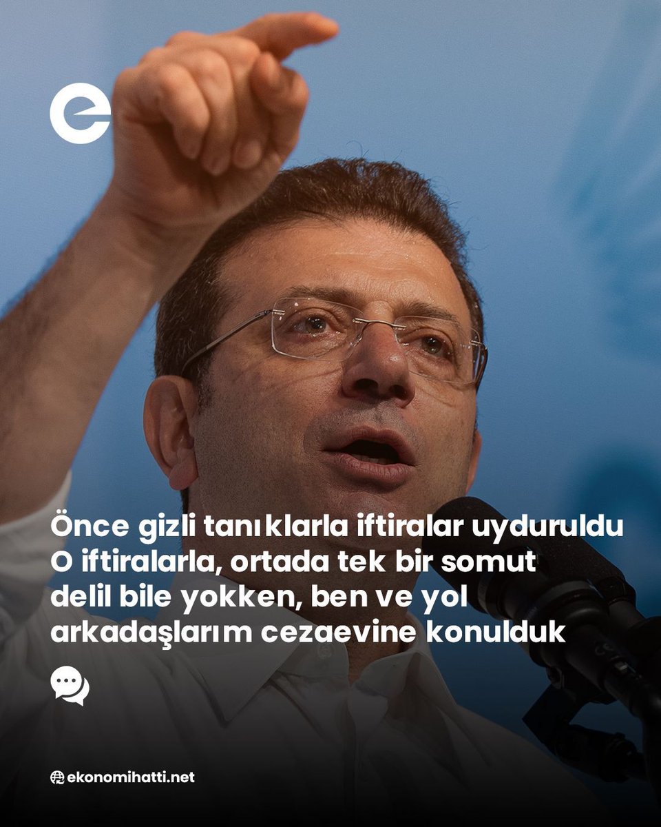 ⭕️ İBB Başkanı ve CHP Cumhurbaşkanı Adayı Ekrem İmamoğlu:

🗣️ "Önce gizli tanıklarla iftiralar uyduruldu. O iftiralarla, ortada tek bir somut delil bile yokken, ben ve yol arkadaşlarım cezaevine konulduk.

Ardından yine hiçbir delile dayanmadan tutukluluğumuza yapılan itirazlar