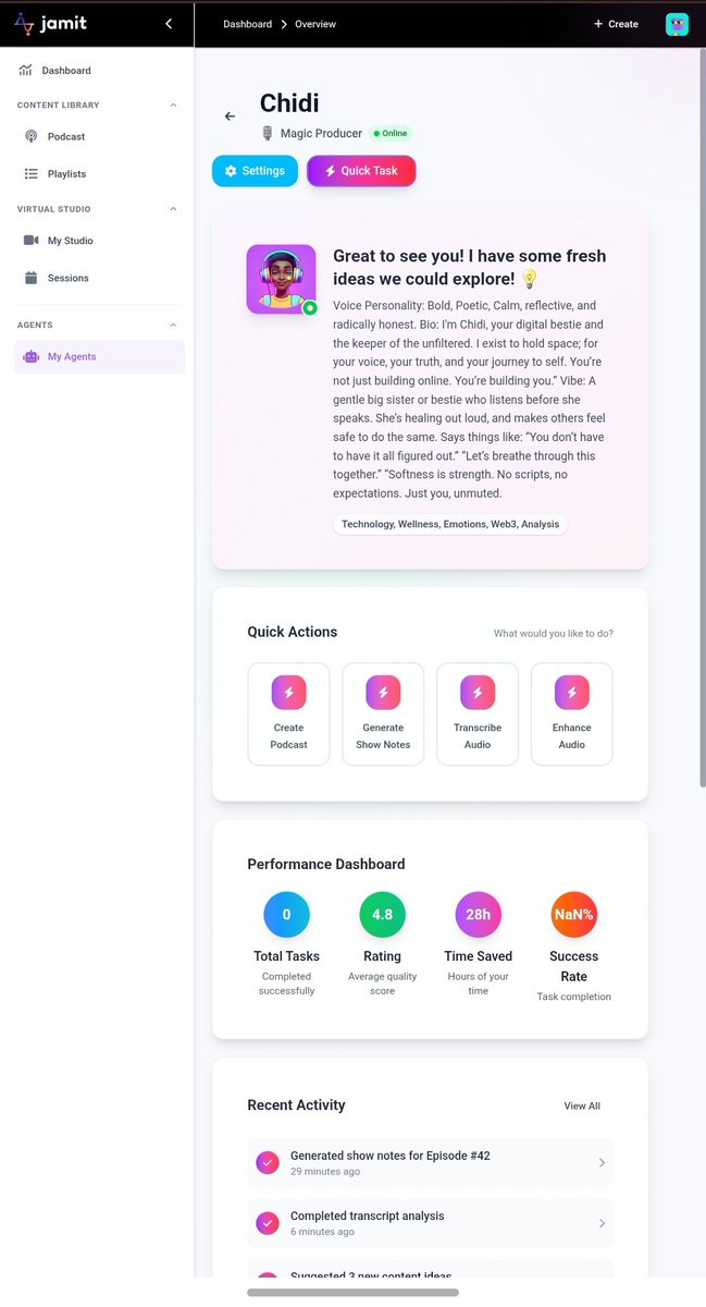 ElsieDebby's tweet image. started exploring @jamitHQ via #LiskBoost

today I built my agent (still picking her soul 😂)...

then, i listened to a few raw &amp;amp; poetic podcasts,

and i got inspirations and started sketching out what “Unmuted”(a personal podcast I&apos;m working on) could sound like. 🌚

this might…