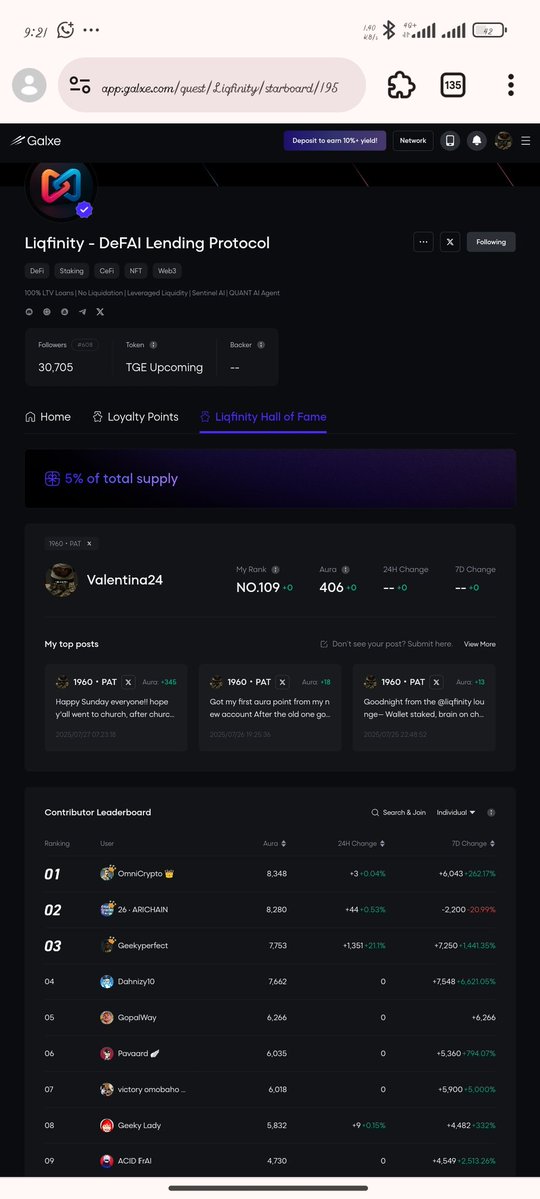 Callofduty580's tweet image. Ha ha! They thought they could bring me down but they don't know it's the strong belief I have for @liqfinity is what's kept me going
Few days ago my account got suspended, opened this recently and I'm already climbing fast, meet y'all at the top soon🙏❤️
@Galxe