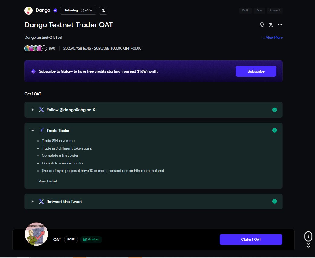 Ty_On_Chain's tweet image. go to: test-portal.dango.exchange
- click "sign in"
- sign in with the wallet of your choice
- choose a username
- create account
- complete sign in
Complete the following quests in the Dango App to claim NFT OAT in Galxe
Head to Galxe: app.galxe.com/quest/dango/GC…
- complete other…