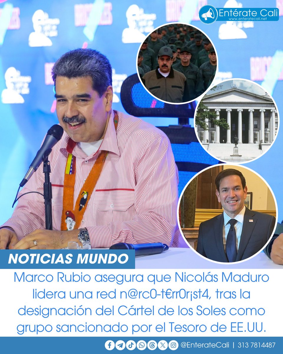 EnterateCali's tweet image. La Agencia ejecutiva responsable de promover la prosperidad económica y garantizar la seguridad financiera de Estados Unidos.
la Oficina de Control de Activos Extranjeros del
Departamento del Tesoro de los Estados Unidos sancionó al Cártel de los Soles como “Terrorista Global…