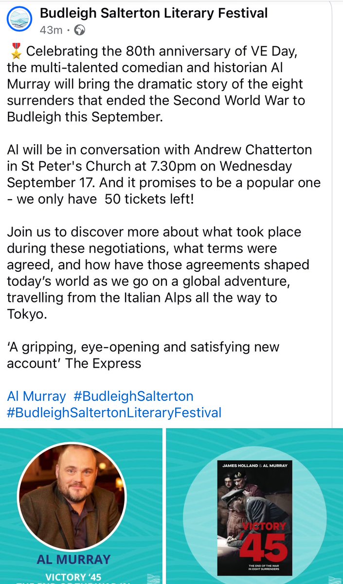 Andy Chatterton (@chats1) on Twitter photo Only 50 tickets left for my chat with <a href="/almurray/">Al Murray 🇺🇦</a> in Sept - he’s multi-talented apparently so well worth seeing live I reckon! <a href="/BudleighLitFest/">Budleigh Salterton Literary Festival</a> <a href="/ww2headquarters/">WW2 Headquarters</a> <a href="/WeHaveWaysPod/">WW2 Pod: We Have Ways of Making You Talk</a> Only 50 tickets left for my chat with <a href="/almurray/">Al Murray 🇺🇦</a> in Sept - he’s multi-talented apparently so well worth seeing live I reckon! <a href="/BudleighLitFest/">Budleigh Salterton Literary Festival</a> <a href="/ww2headquarters/">WW2 Headquarters</a> <a href="/WeHaveWaysPod/">WW2 Pod: We Have Ways of Making You Talk</a>