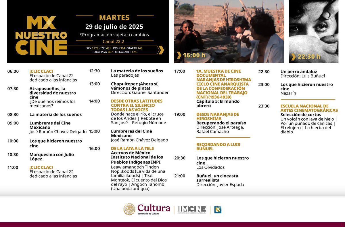 ☀️🎞️ ¡Buenos días! Te compartimos la cartelera de hoy, disfruta del mejor cine mexicano e iberoamericano en #MxNuestroCine

📺 Señal 22.2
Sky 1278 | Izzi 481 | Dish 304 | StarTV 148 | Totalplay 497 | Megacable 125 |

📱 Conoce nuestra programación: canal22.org.mx/mx_nuestro_cin…