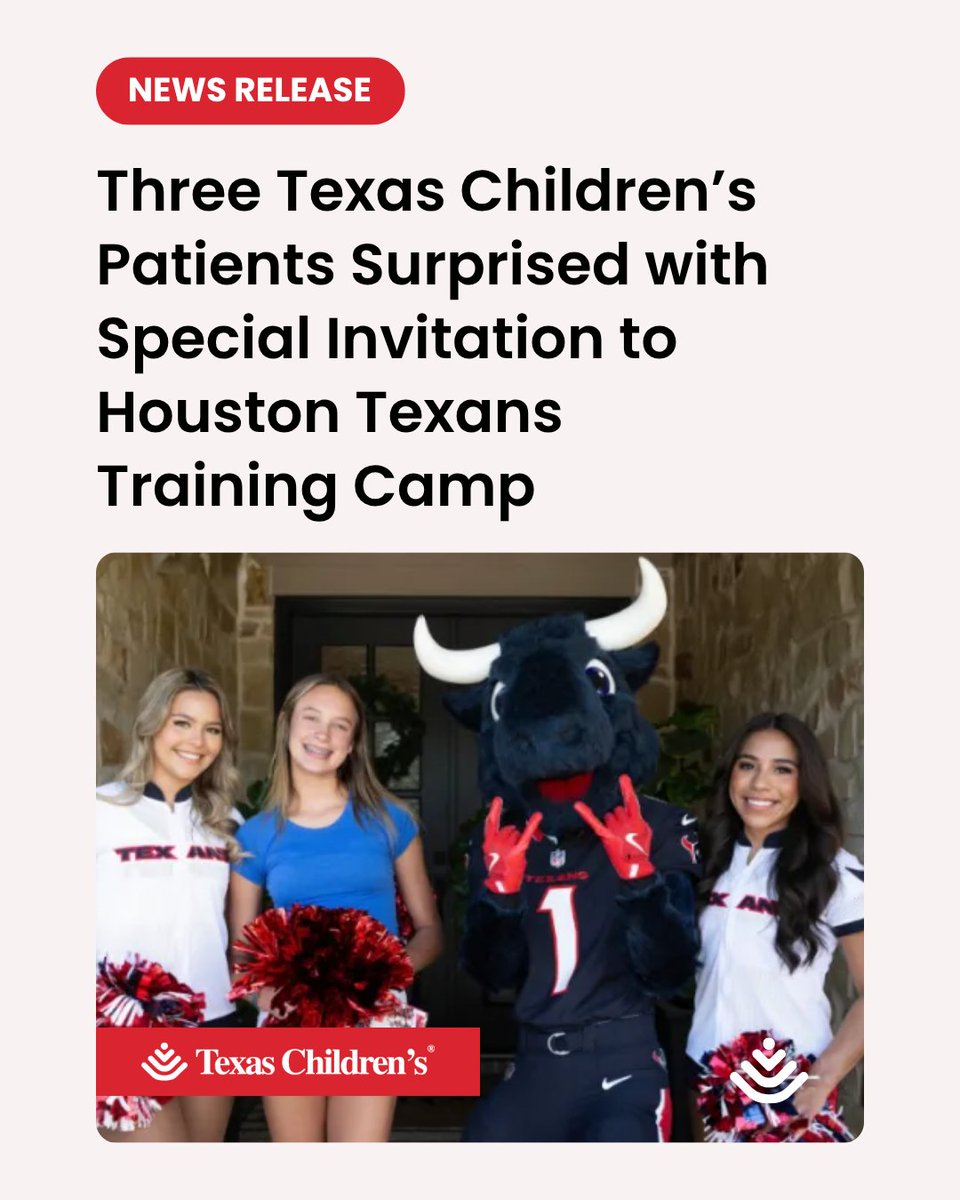 Texas Children's (@texaschildrens) on Twitter photo Three Texas Childrenās patients got the surprise of a lifetime: VIP invites to a <a href="/HoustonTexans/">Houston Texans</a> Training Camp! š Through a partnership with the Houston Texans, these families will enjoy a special day celebrating. @texanstoro1 <a href="/TexansCheer/">Texans Cheerleaders</a>
More: ms.spr.ly/6019sHaqP. Three Texas Childrenās patients got the surprise of a lifetime: VIP invites to a <a href="/HoustonTexans/">Houston Texans</a> Training Camp! š Through a partnership with the Houston Texans, these families will enjoy a special day celebrating. @texanstoro1 <a href="/TexansCheer/">Texans Cheerleaders</a>
More: ms.spr.ly/6019sHaqP.