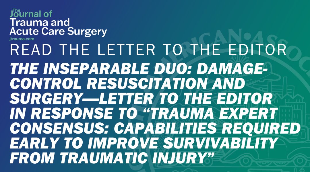 Journal of Trauma and Acute Care Surgery (@jtraumacutesurg) on Twitter photo As French military physicians involved in medical-surgical support of operations, we read with great interest the study by Gurney et al. While we commend the authors for their work and analysis, we have two points to add to their conclusions.
journals.lww.com/jtrauma/citati… As French military physicians involved in medical-surgical support of operations, we read with great interest the study by Gurney et al. While we commend the authors for their work and analysis, we have two points to add to their conclusions.
journals.lww.com/jtrauma/citati…