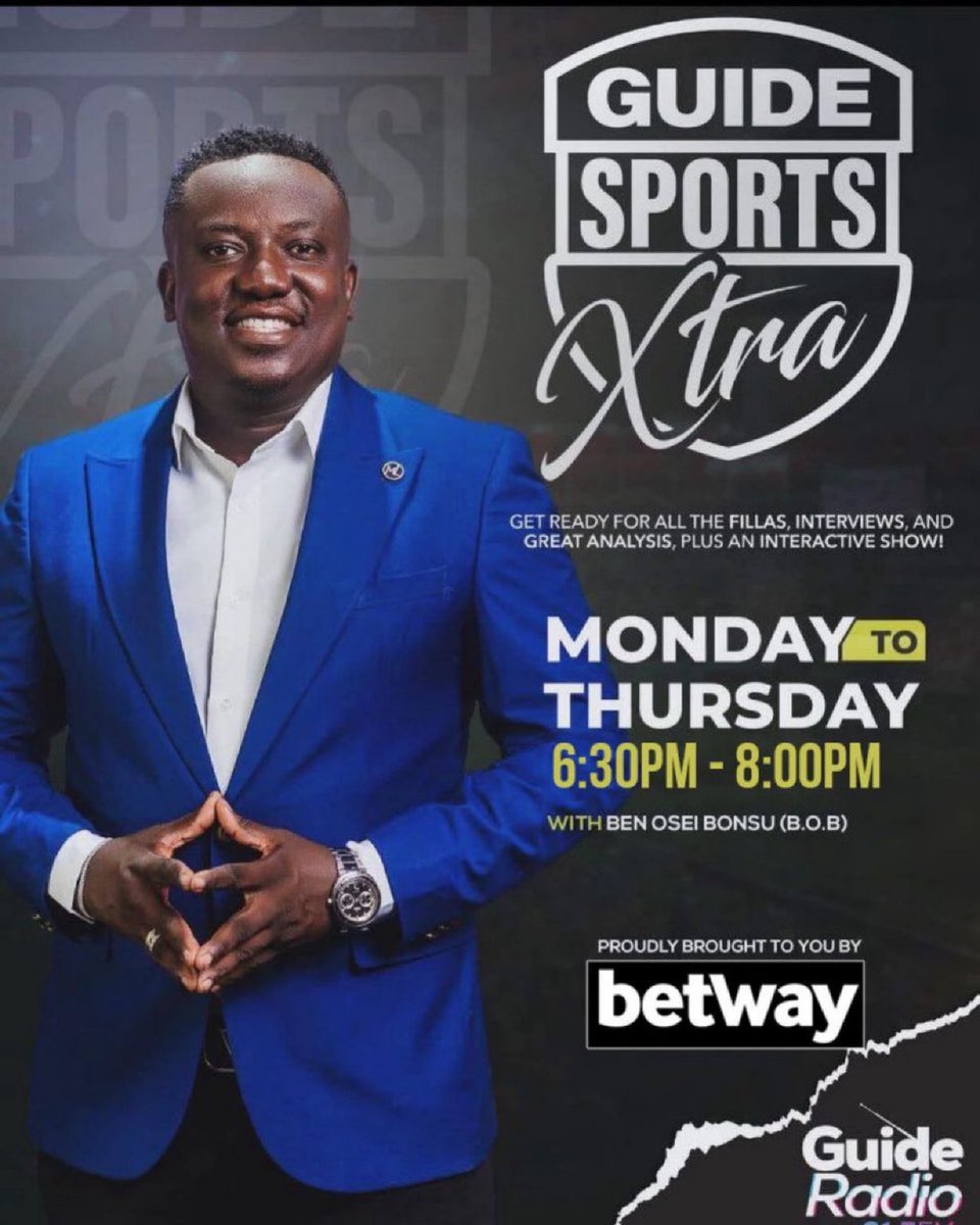 🚨New Week Same Energy 💪🏾

🎙️ <a href="/_BenOseiBonsu/">Ben Osei Bonsu (B.O.B)</a> is airborne with the Tuesday edition of 
#GuideSportsXtra  🎧🎙

Tune in now on <a href="/GuideRadio915/">GuideRadio</a> for all your sports fillas, interviews and great analysis in the world of sports  📻🇬🇭

🔋Powered by <a href="/betway_gh/">Betway Ghana</a> 

#GuideSports | #GuideRadio