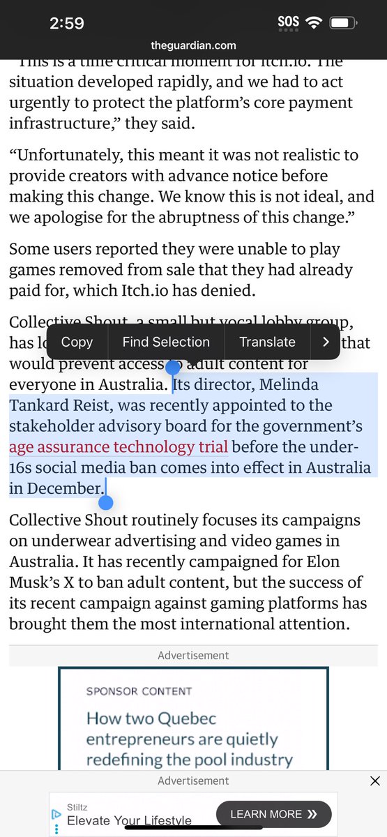 Oh. The guardian has covered the @collectiveshout shenanigans but. 

But. 

Melinda, founder of collective shout, was appointed to the STAKEHOLDER ADVISORY BOARD for the GOVERNMENT’s AGE ASSURANCE TECHNOLOGY. 

She will be part of the body that DECIDES how censorship is enacted.