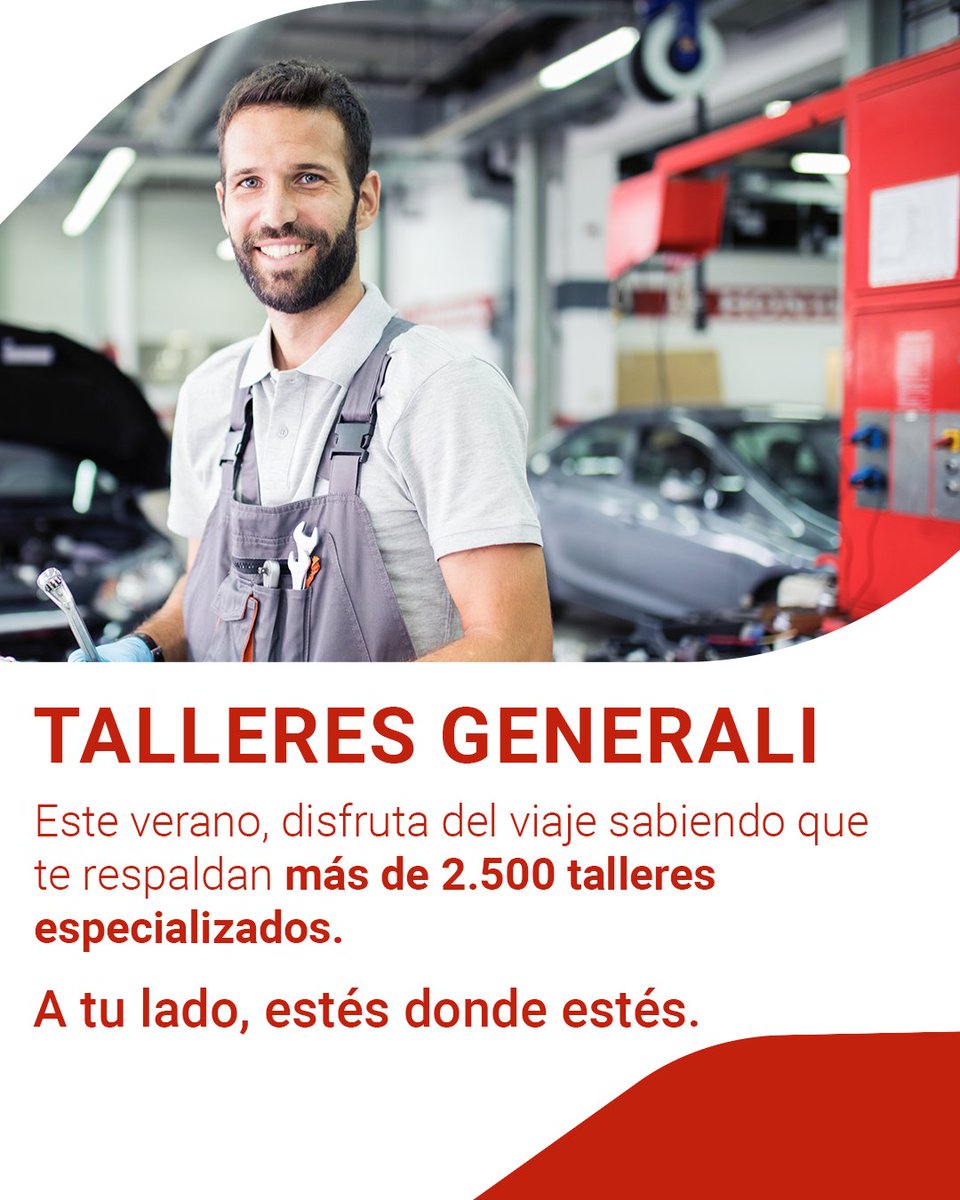 🚗 Este verano, quiero que viajes tranquilo. Te recuerdo que con GENERALI cuentas con más de 2.500 talleres especializados por toda España.📍 Localízalo fácilmente desde tu área privada de MI GENERALI.  🟥 ¡Pregúntame si quieres saber más!