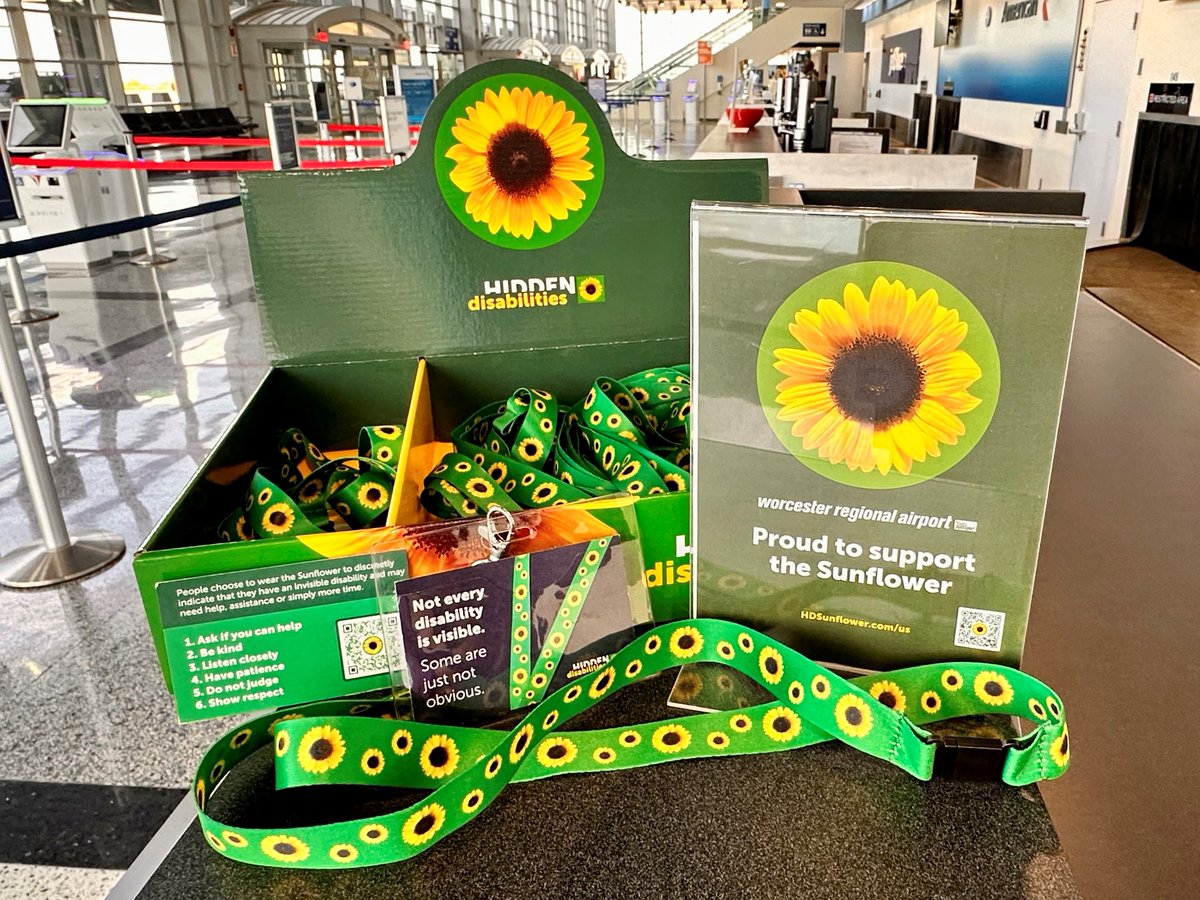 Worcester Airport (@flyworcester) on Twitter photo Worcester Regional Airport is proud to support the <a href="/HDSunflower_US/">Hidden Disabilities Sunflower - USA</a> program, which aims to help travelers with non-visible disabilities, including autism, anxiety and chronic pain. If you need assistance, ask one of our airline partners for a Sunflower lanyard. 🌻 Worcester Regional Airport is proud to support the <a href="/HDSunflower_US/">Hidden Disabilities Sunflower - USA</a> program, which aims to help travelers with non-visible disabilities, including autism, anxiety and chronic pain. If you need assistance, ask one of our airline partners for a Sunflower lanyard. 🌻
