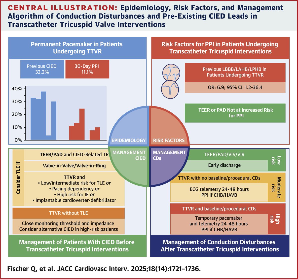 JACCJournals's tweet image. This #JACCINT SOTA review provides an overview of different tricuspid valve (TV) interventions, focusing on the risk for atrioventricular conduction disturbances, with a management algorithm following TV intervention jacc.org/doi/10.1016/j.…