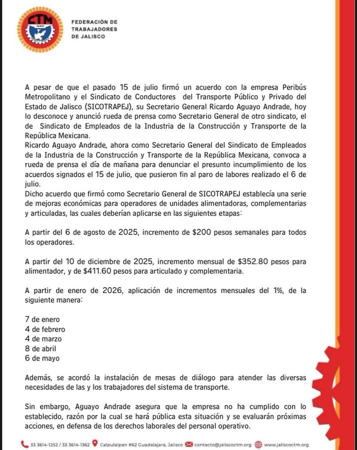 NadiaMadrigal's tweet photo. Desconoce la @CTM_JaliscoFTJ los nuevos acuerdos que quiere imponer Ricardo Aguayo a los empresarios del #Peribus con la creación de un nuevo sindicato que aún no se reconoce, que no cumplen con los acuerdos firmados de incrementos salariales y prestaciones. https://t.co/NohPsRF2Iz
