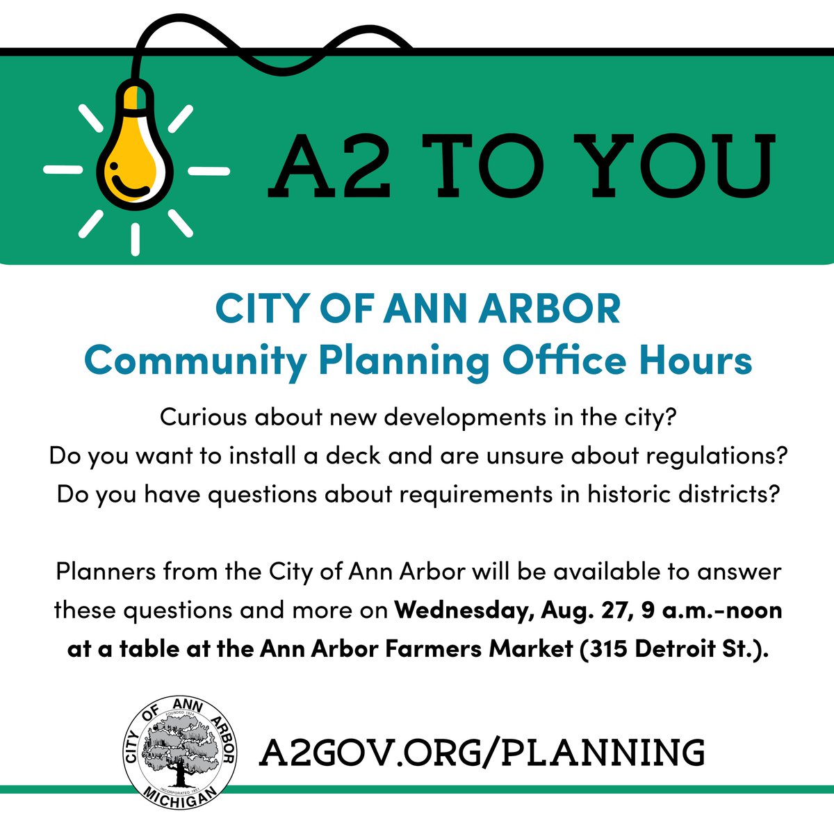 City of Ann Arbor (@a2gov) on Twitter photo Save the date: Stop by A2 to You: Community Planning Office Hours at the <a href="/a2market/">A2 Farmers Market</a> (315 Detroit St.) on Wednesday, Aug. 27, 9 a.m.-noon! City planners from the Ann Arbor Planning Services Unit will be on site to chat & answer questions. <a href="/A2Parks/">Ann Arbor Parks Rec</a> Save the date: Stop by A2 to You: Community Planning Office Hours at the <a href="/a2market/">A2 Farmers Market</a> (315 Detroit St.) on Wednesday, Aug. 27, 9 a.m.-noon! City planners from the Ann Arbor Planning Services Unit will be on site to chat & answer questions. <a href="/A2Parks/">Ann Arbor Parks Rec</a>
