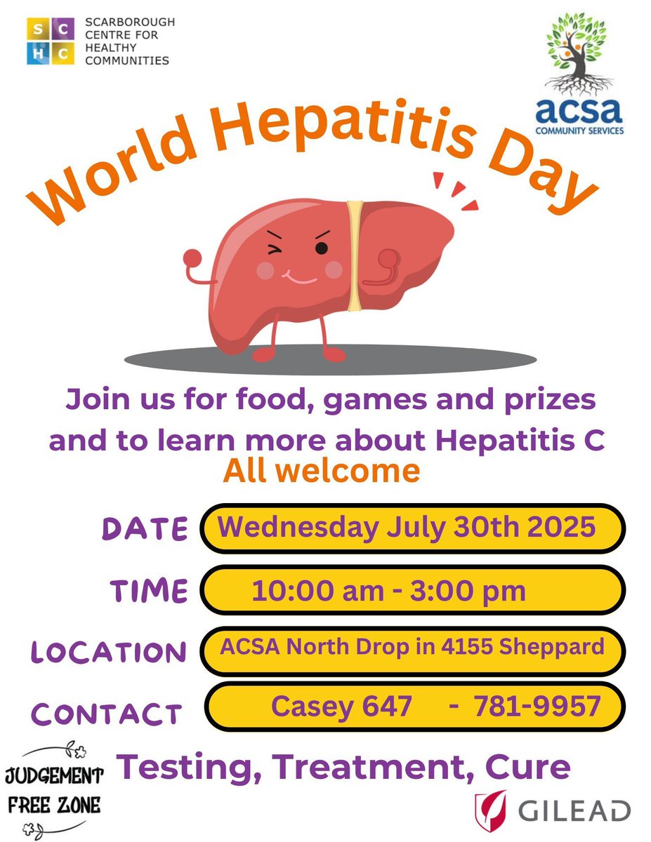 2️⃣ days away from #WorldHepatitisDay! 

Join us on Wednesday, July 30th to raise awareness and eliminate hepatitis. From 10am-3pm we will be having food, games, prizes and more. Located at 4155 Sheppard Ave. E. Don't miss out on this chance to make a difference in our community.