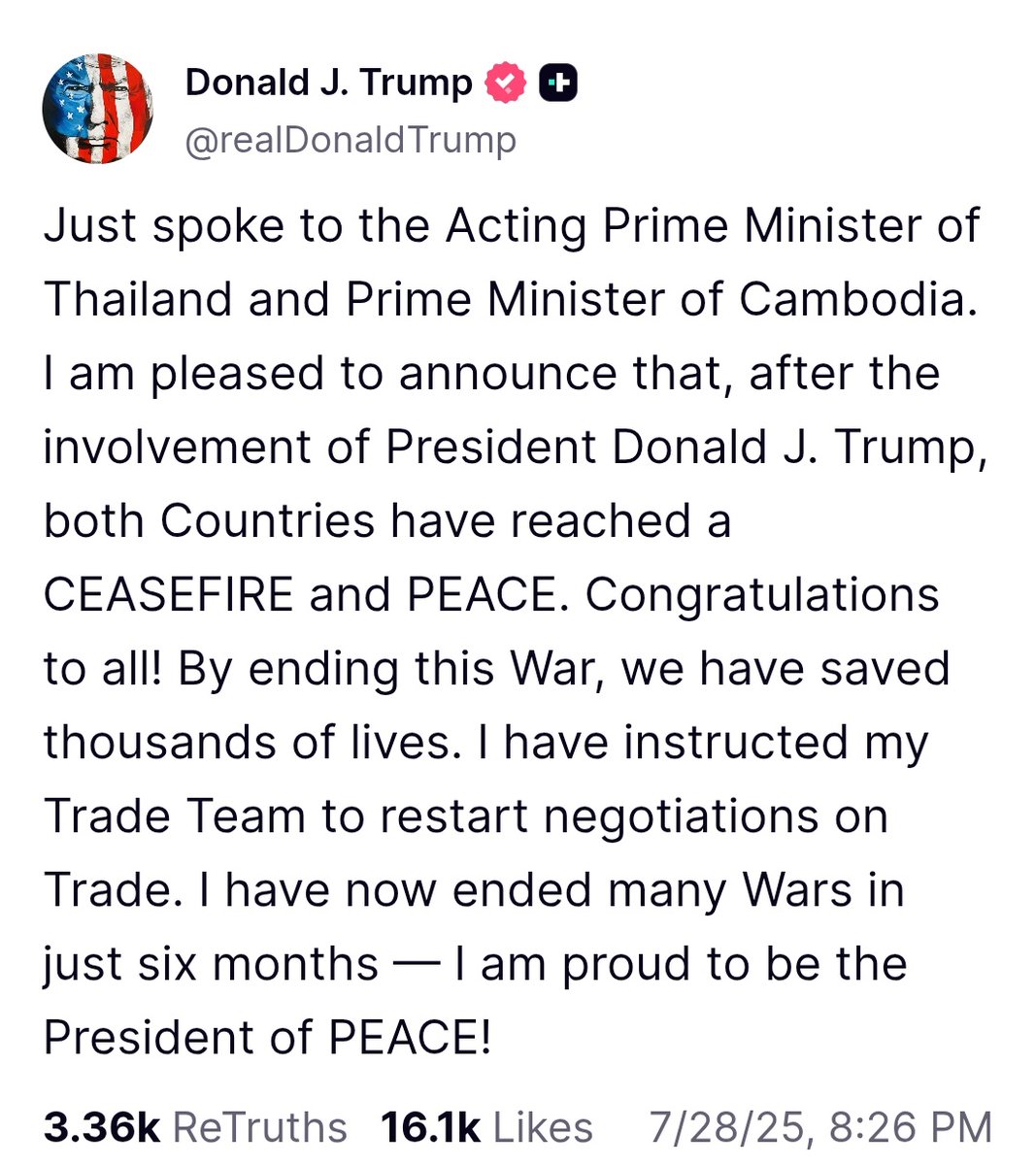ShineHamesha's tweet image. Trump claims that he mediated a ceasefire between Thailand and Cambodia. Don't laugh, I didn't say anything.😉