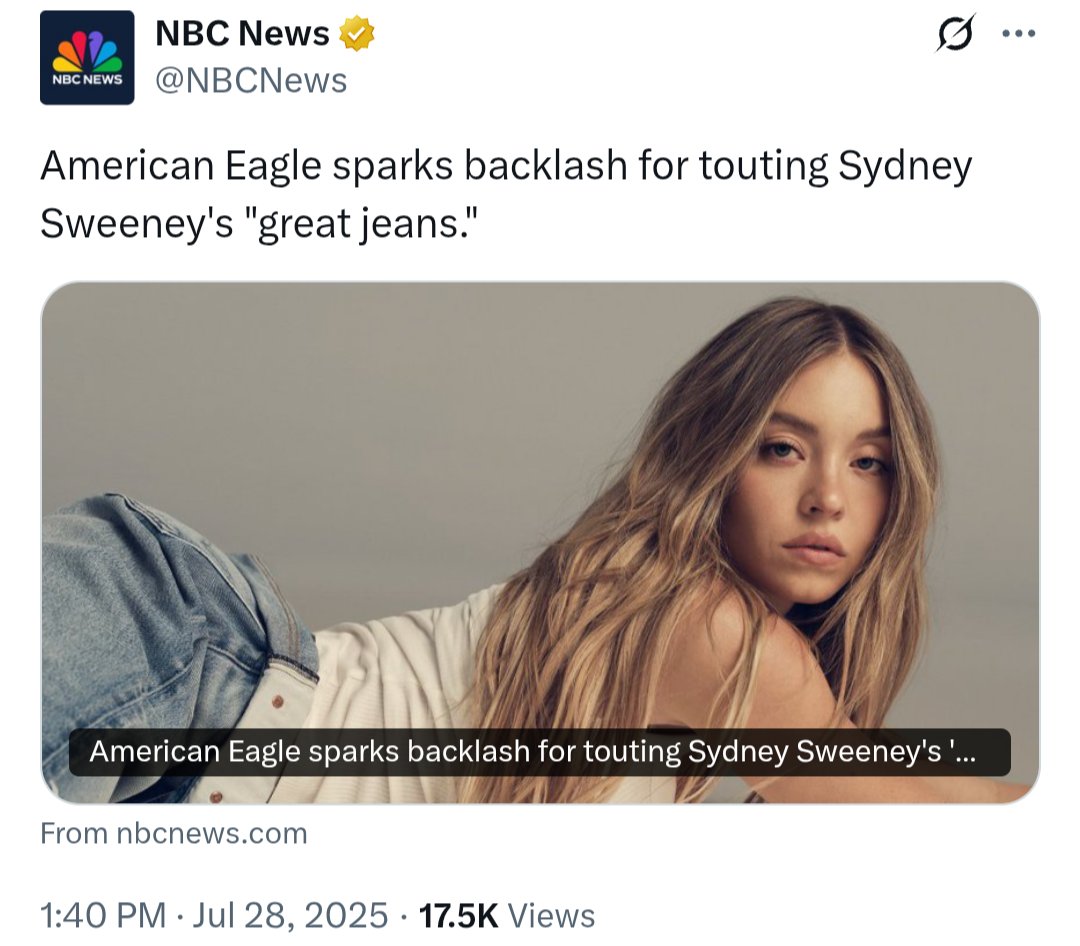 BartemyS's tweet image. The wokesters a @NBCNews hate the new American Eagle Ad.
But the stock is up 16%.
Woke marketing doesn't work.
Hot girls selling jeans and cars does.
Nature is healing.