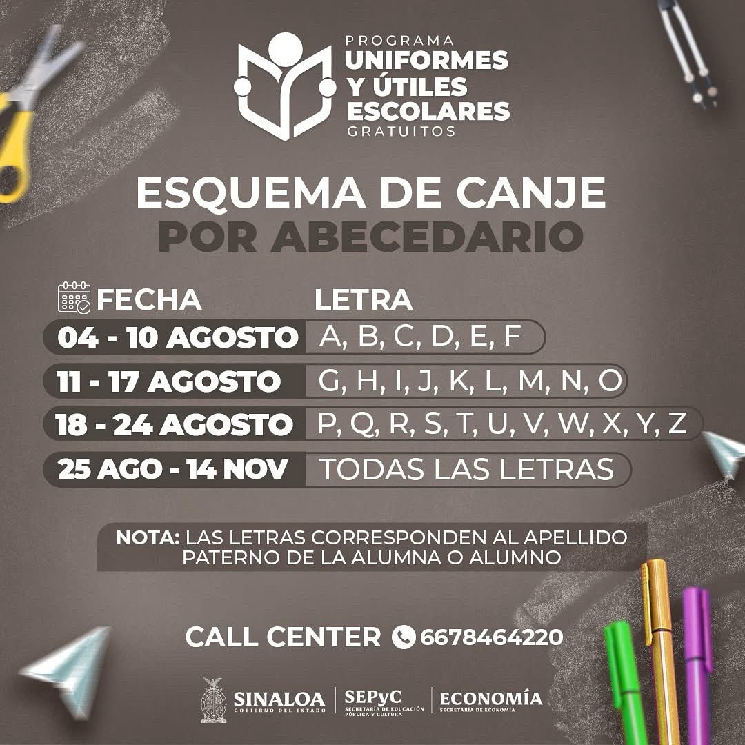 Para facilitar la entrega, el canje se hará siguiendo un orden alfabético según la inicial del apellido paterno de cada estudiante.

Consulta el calendario completo en la imagen y sigue nuestras redes oficiales para mantenerte informado.