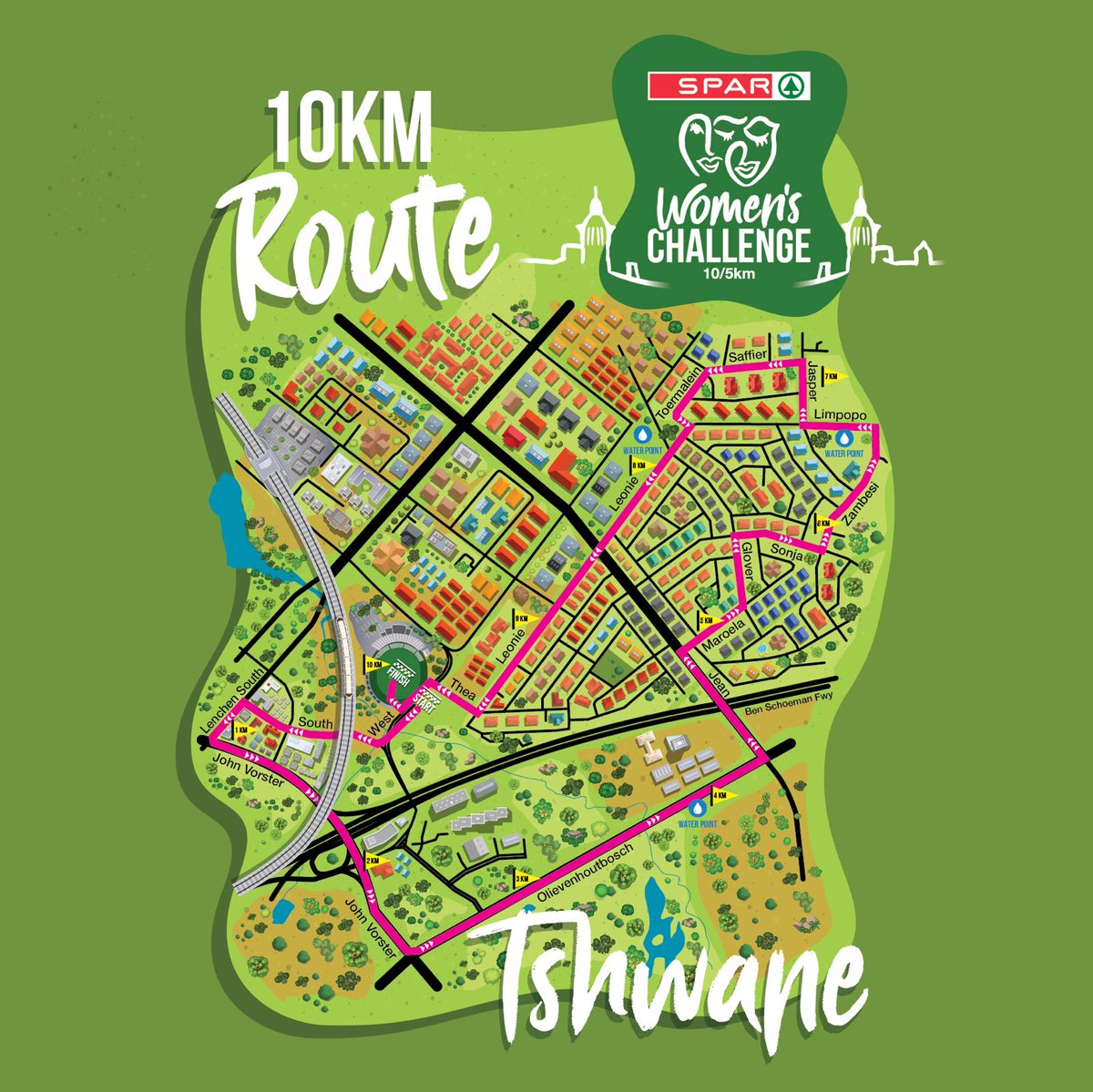 Here’s your route for the 10KM challenge at the 2025 #SPARWomensTshwane! 🏃‍♀️💪
Plan your pace, find your water points &amp; get familiar w the route so you can #Twenty20Thrive from start to finish! 🏁

📍SuperSport Park, Tshwane
📅 Sat, 2 Aug 2025
🕑 14h00 Start Time