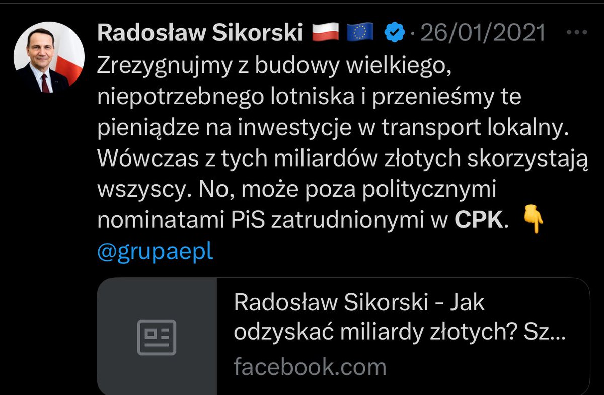 Adam Czarnecki (@czardam) on Twitter photo 3 lata temu <a href="/sikorskiradek/">Radosław Sikorski 🇵🇱🇪🇺</a> nagrał niemal godzinną rozmowę z Markiem Serafinem - film, w którym przekonywali, że CPK nie ma sensu ani ekonomicznego, ani politycznego, ani gospodarczego.
Sikorski opowiadał, jak bardzo nienawidzi „megalotnisk” i jak woli to latać z lotnisk 3 lata temu <a href="/sikorskiradek/">Radosław Sikorski 🇵🇱🇪🇺</a> nagrał niemal godzinną rozmowę z Markiem Serafinem - film, w którym przekonywali, że CPK nie ma sensu ani ekonomicznego, ani politycznego, ani gospodarczego.
Sikorski opowiadał, jak bardzo nienawidzi „megalotnisk” i jak woli to latać z lotnisk