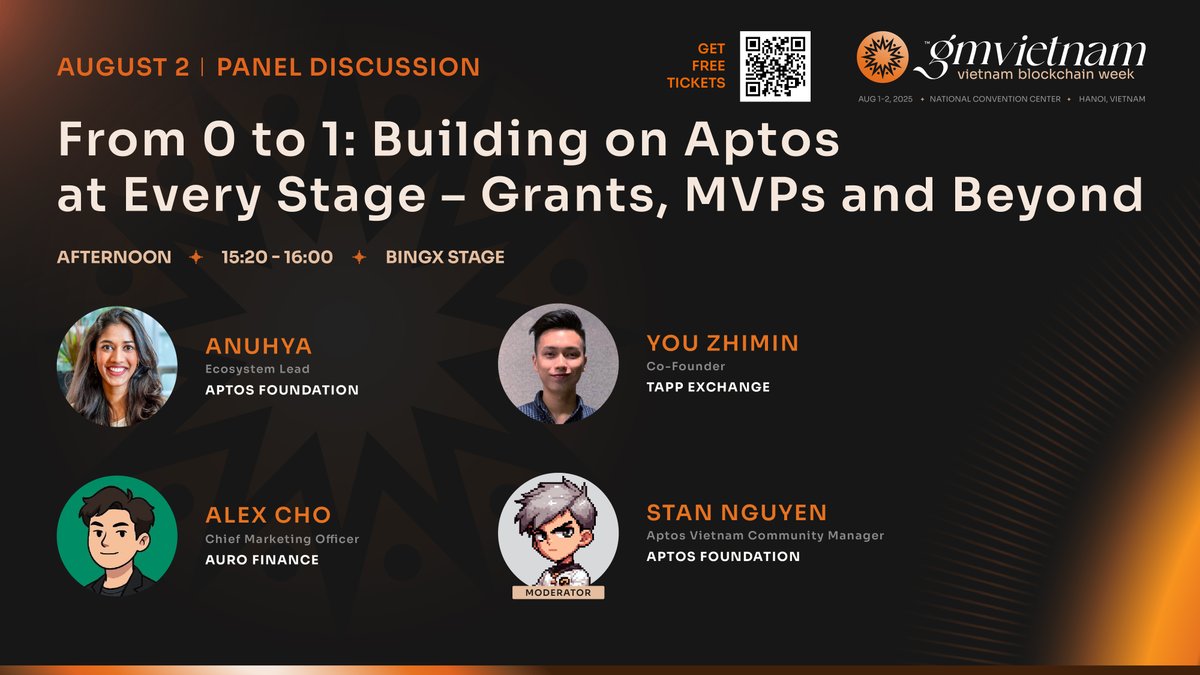 GM VIETNAM (🌞,🇻🇳) | Vietnam Tech Week (@gmvn_official) on Twitter photo 🚀 From idea to impact — what does it really take to build on Aptos?
Join Anuhya, <a href="/Alexcho_Auro/">Alex Cho | Auro</a>, <a href="/0xYZMIN/">ZM | Tapp Exchange</a>, and Stan Nguyen as they share firsthand insights on navigating the Aptos ecosystem, securing grants, launching MVPs, and scaling real-world applications.
📕 Full agenda: 🚀 From idea to impact — what does it really take to build on Aptos?
Join Anuhya, <a href="/Alexcho_Auro/">Alex Cho | Auro</a>, <a href="/0xYZMIN/">ZM | Tapp Exchange</a>, and Stan Nguyen as they share firsthand insights on navigating the Aptos ecosystem, securing grants, launching MVPs, and scaling real-world applications.
📕 Full agenda: