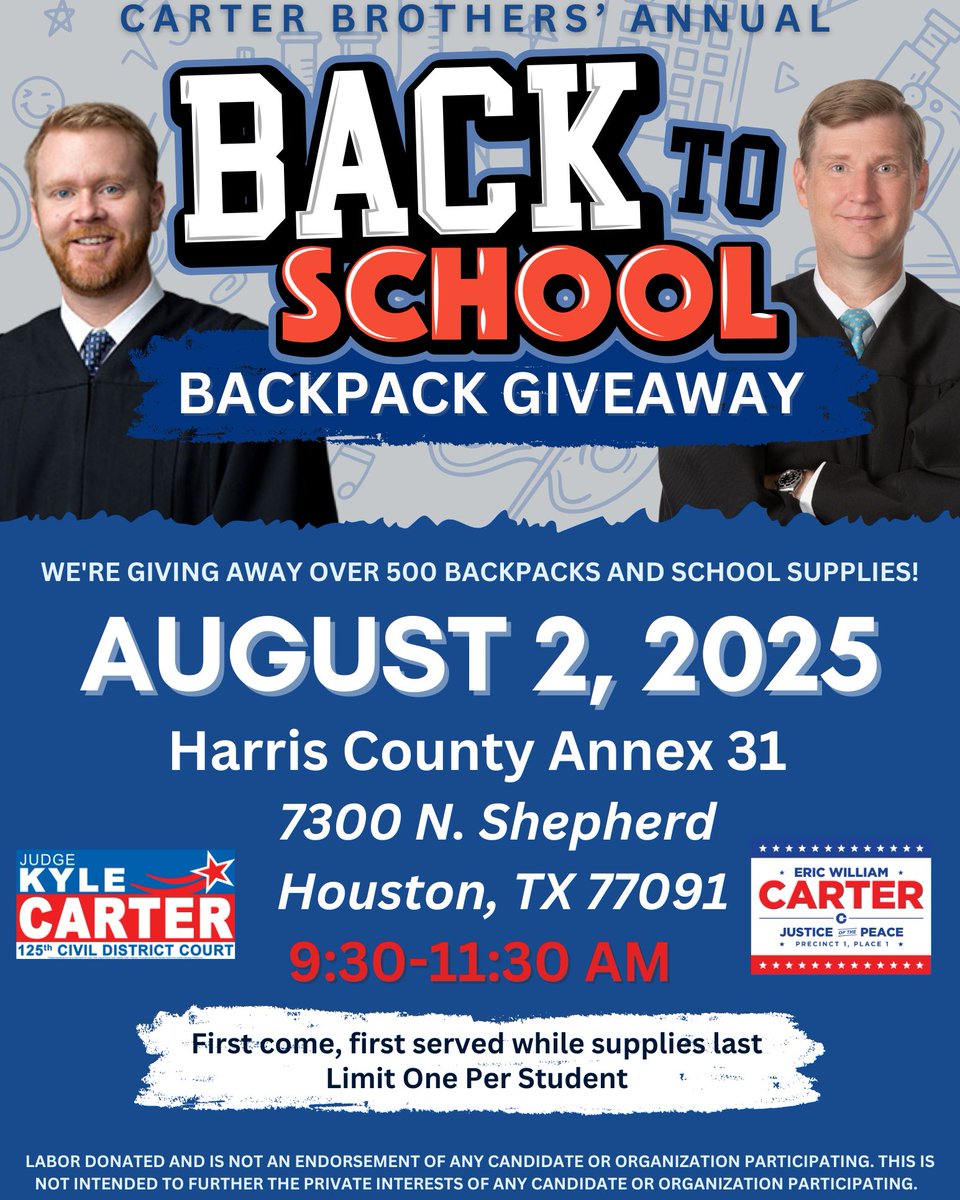 My brother and I will host our annual Carter Brothers Back to School Backpack Giveaway this Saturday, 8/2 from 9:30am-11:30am. Please share with all who may be interested! See you then!