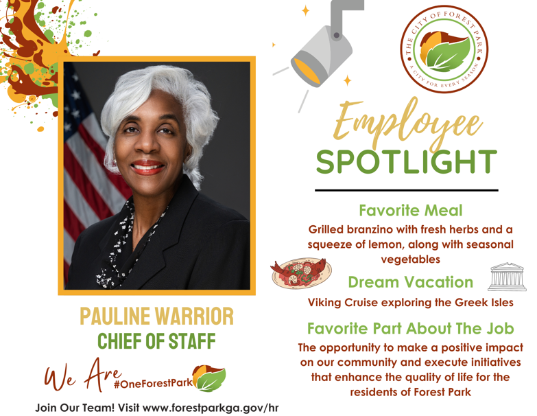 Say hello to the powerhouse behind the scenes! This month's #EmployeeSpotlight shines on our very own Chief of Staff.... Ms. Pauline Warrior. #OneForestPark #ClaytonCounty