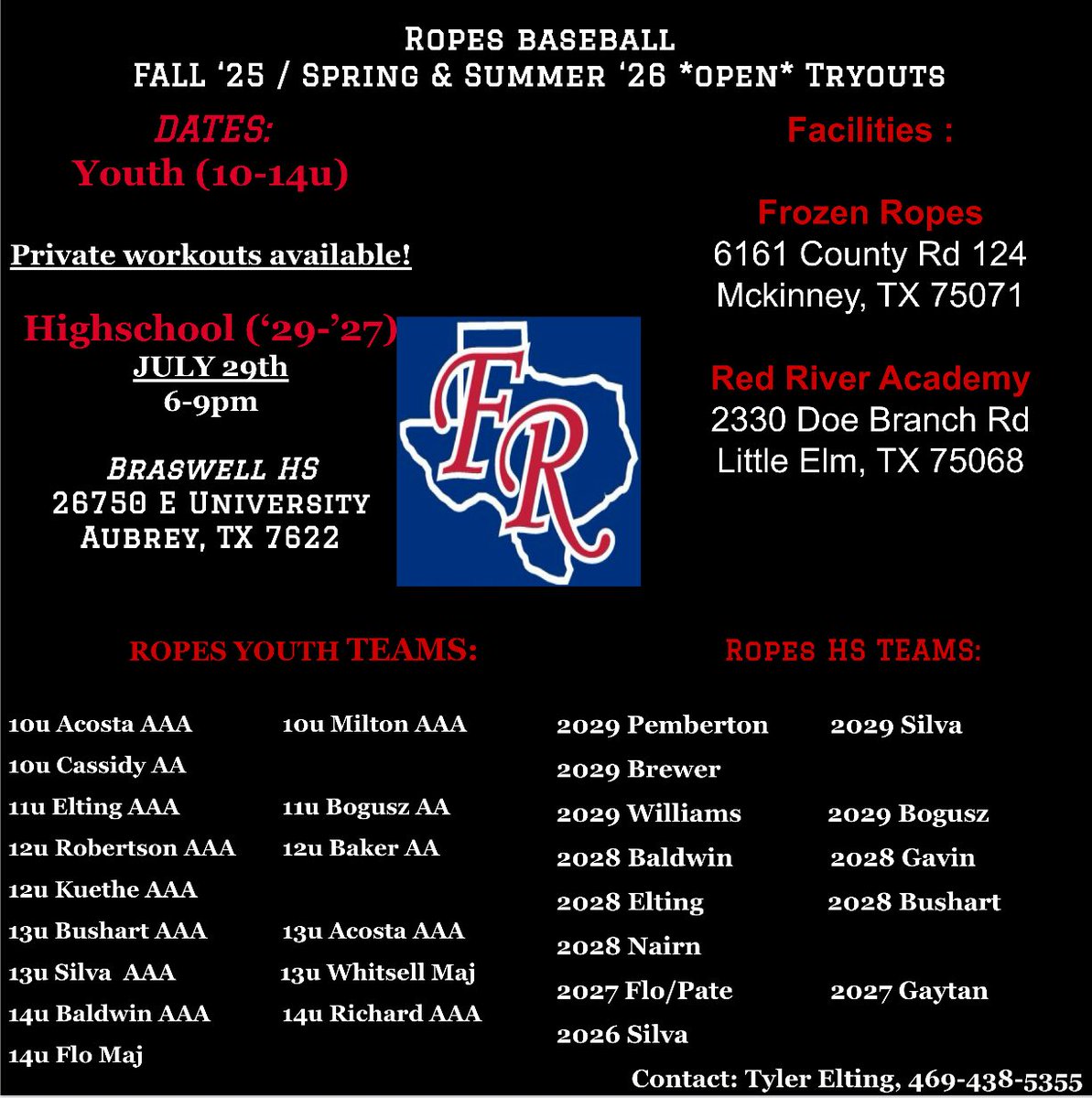 Youth tryouts available through private workouts!

HS open tryout happening Tuesday, 6-9pm, @ Braswell HS.🎯