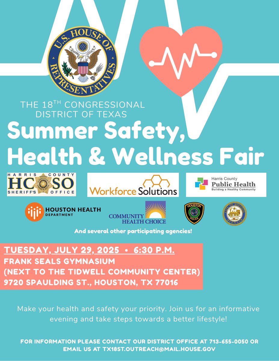 MarvaletteH's tweet image. Happening tomorrow - July 29th: The Office of the 18th Congressional District of Texas will host a Summer Safety, Health &amp;amp; Wellness Fair at 6:30 p.m., at the Frank Seals Gymnasium, 9720 Spaulding Street, Houston, TX 77016.  #TX18 #yourhealthmatters