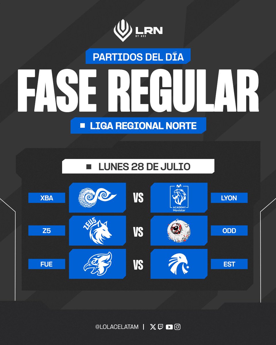 Ligas regionales LATAM x ACE (@lolacelatam) on Twitter photo 🌟 LUNES DE LUCHA EN LA GRIETA 🌟
Prepárate para una jornada prometedora con grandes duelos
⚔️ <a href="/xibalbaesports_/">Xibalbá</a> vs <a href="/LyonLATAM/">LYON</a> ⏰ 17:00 pm MX
⚔️ <a href="/Zeu5_esports/">Zeu5</a> vs <a href="/odd_mx/">ODD eSports❗️</a> ⏰ 18:00 pm MX
⚔️ <a href="/fuegocw/">Fuego</a> vs <a href="/EstralEsports__/">Estral Esports</a> ⏰ 19:00 pm MX 🌟 LUNES DE LUCHA EN LA GRIETA 🌟
Prepárate para una jornada prometedora con grandes duelos
⚔️ <a href="/xibalbaesports_/">Xibalbá</a> vs <a href="/LyonLATAM/">LYON</a> ⏰ 17:00 pm MX
⚔️ <a href="/Zeu5_esports/">Zeu5</a> vs <a href="/odd_mx/">ODD eSports❗️</a> ⏰ 18:00 pm MX
⚔️ <a href="/fuegocw/">Fuego</a> vs <a href="/EstralEsports__/">Estral Esports</a> ⏰ 19:00 pm MX