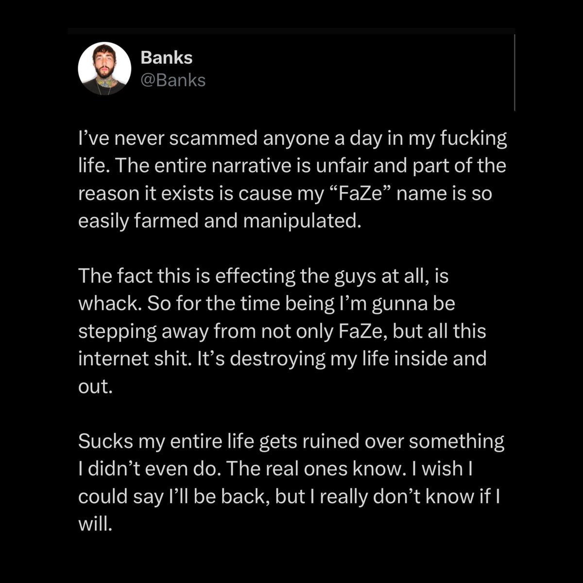 scubaryan_'s tweet image. Banks has officially stepped down as CEO of FaZe after the the recent drama with Adin Ross and Crypto 😳