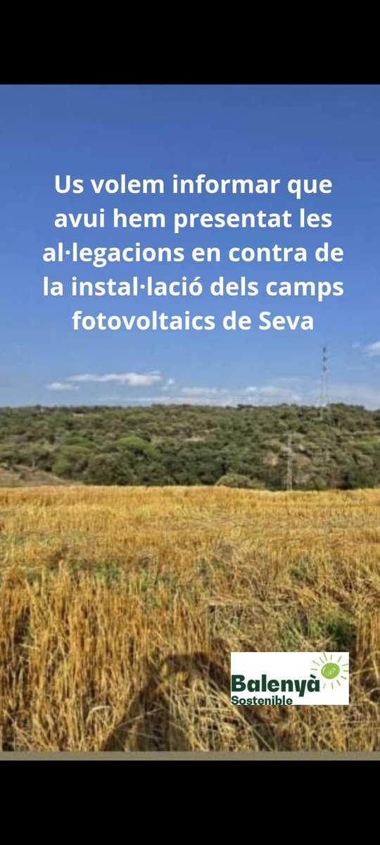 Us volem informar que hem presentat les al·legacions en contra de la instal·lació dels camps fotovoltaics de Seva.

Moltes gràcies a tots i orgullosos de ser de Balenyà Sostenible.

Aquesta vegada la unió ha fet la força

Gràcies a tots i totes