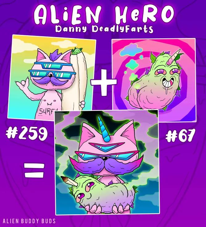 carlosmcgnarlos's tweet image. Meet Danny DeadlyFarts 💀👽💨

I brewed this hero by mixing #259 + #67 with a Hero Soda and a dream.

He’s been marinating in my vault for a while now… figured it was time to let him out.

What’s your wildest ABB combo? QT your freakiest fusion 🧪👇
@AlienBuddyBuds