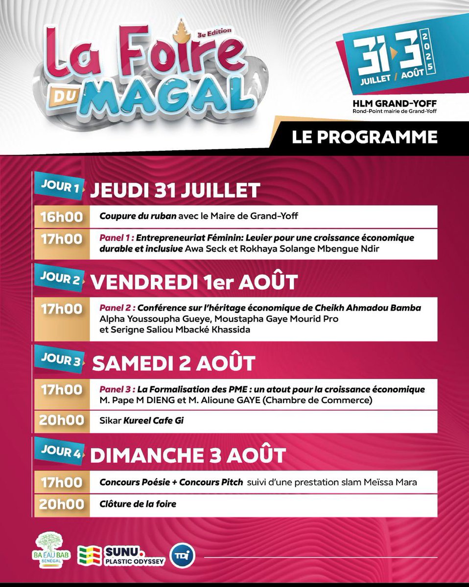 Foire du Magal #Safar
31/07 au 03/08

Retrouvez-moi pour une collection capsule #Safar1447
Cérémonie ouverture
J'animerais un Panel sur l'entrepreunariat féminin levier de développement et d'inclusion avec Rokhaya Solange responsable RSE orange

#Artisanat
#Madeinsenegal