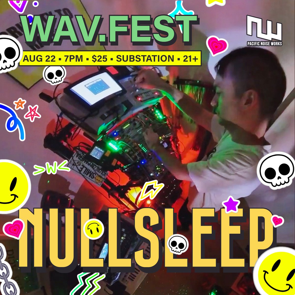 WAV.fest Spotlight: <a href="/Nullsleep/">⊏𝗡⊐</a>

Employing obsolete hardware alongside bleeding edge tech to produce lo-tek hi-nrg music, mutating and intersecting jungle, footwork, trance, chiptune, and more. See him live Aug 22nd!

MUSIC:
nullsleep.bandcamp.com

TIX:
eventbrite.com/e/wavfest-tick…