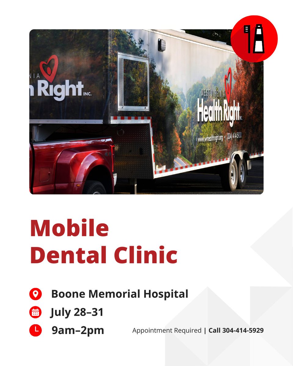 Boone County — our mobile dental clinic is rolling in July 28–31! 🦷

Free cleanings, fillings, and extractions for low-income adults 18+. Appointments are required — call 304‑414‑5929 to secure your spot.

bit.ly/3GEF93e