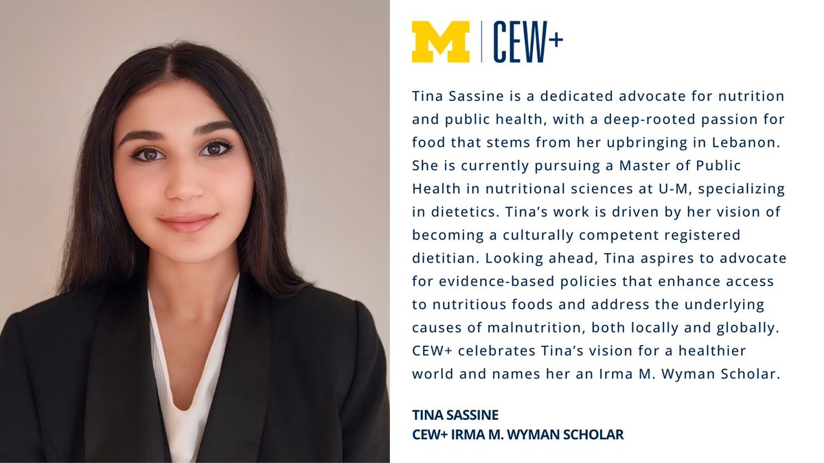 CEWatUM's tweet image. Tina Sassine is pursuing a Master of Public Health in nutritional sciences at @umichsph, specializing in dietetics. Tina aspires to advocate for evidence-based policies that enhance access to nutritious foods, addressing malnutrition locally and globally. bit.ly/4m7M457
