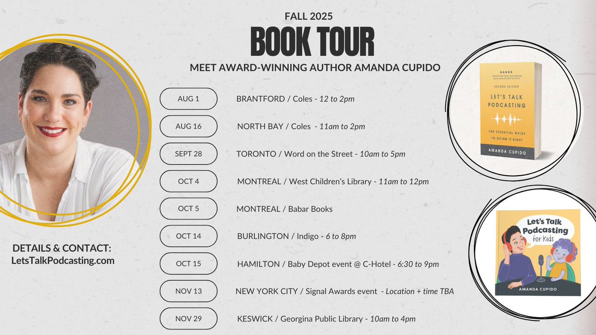 It's happening!! I'm going on tour with my books Let's Talk Podcasting and Let's Talk Podcasting for Kids. 

More dates will be added in the coming days. For the latest event list visit letstalkpodcasting.com/book-tour