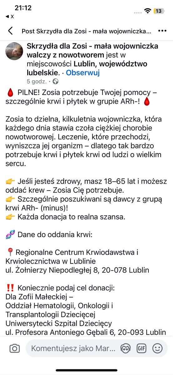 MartaWitecka1's tweet photo. Neuroblastoma dopadła kolejne dziecko. Zosia walczy dzielnie, ale potrzebuje przetoczeń krwi i płytek. 
PILNIE ‼️‼️‼️‼️‼️‼️‼️‼️‼️

Halo @Miasto_Lublin @LukLublin @MotorLublin 
Poszukiwane osoby z grupą krwi 
🩸🩸🩸🩸🅰️Rh➖ z Lublina i okolic lub gdziekolwiek. Szczegóły tutaj⬇️ https://t.co/iwddDKIxem