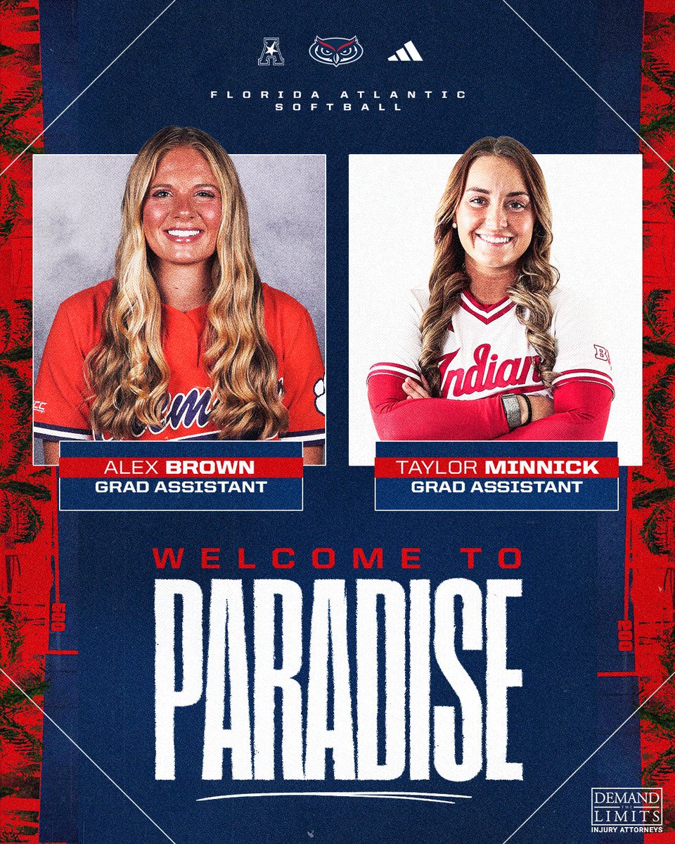 Florida Atlantic Softball (@fausoftball) on Twitter photo Welcome to Paradise our new graduate assistants ☀️🏝️
Taylor Minnick - <a href="/IndianaSB/">Indiana Softball</a>
Alex Brown - <a href="/clemsonsoftball/">Clemson Softball 🥎</a> Welcome to Paradise our new graduate assistants ☀️🏝️
Taylor Minnick - <a href="/IndianaSB/">Indiana Softball</a>
Alex Brown - <a href="/clemsonsoftball/">Clemson Softball 🥎</a>